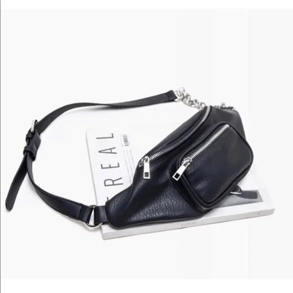 Fanny pack bag black PU 3 pocket leather women’s crossbody chain - Picture 7 of 11